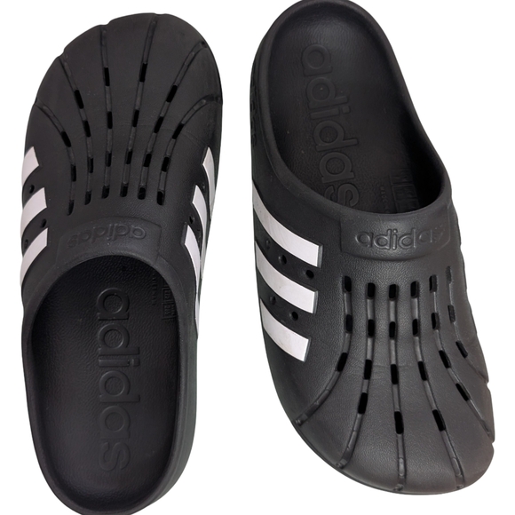 Adidas Adilette Clogs Mens Size 9 Black White 3-Stripes Slip On Slides - Picture 1 of 9